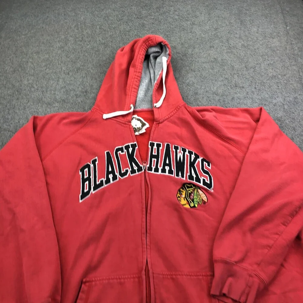 Vintage Chicago Blackhawks Hoodie Mens 4XL Red NHL Full Zip Sweatshirt Y2K